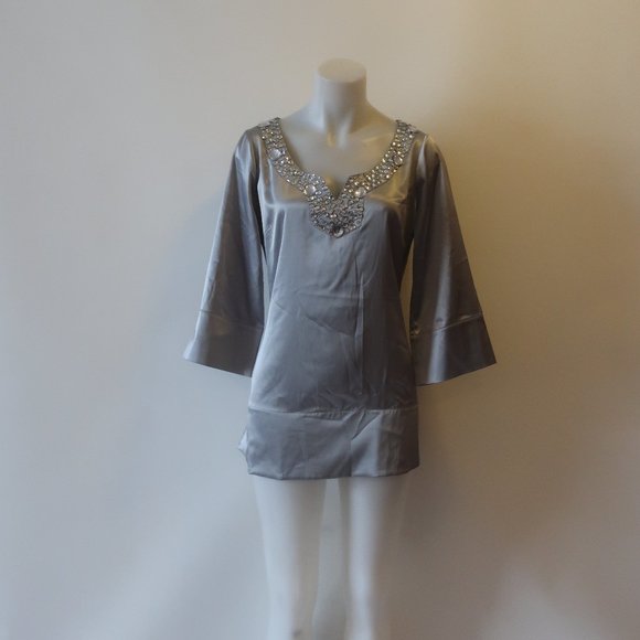 NWT Womens BCBGMaxazria Silver Satin Rhinestone V-Neck Tunic Top M * - Picture 4 of 12